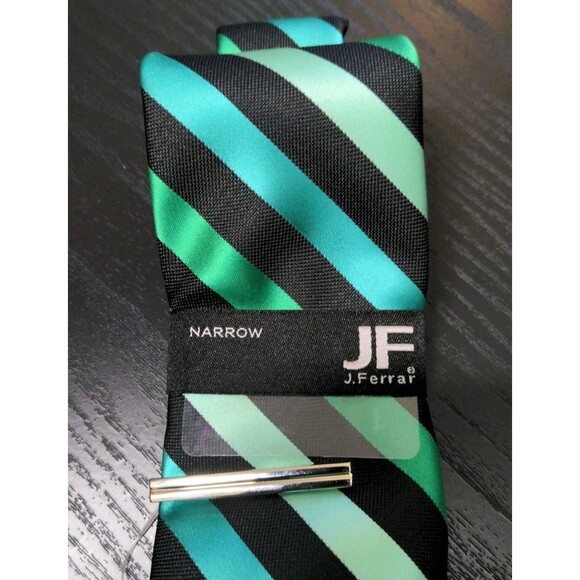 New J Ferrar JF Men's Neck tie One Size Narrow Varsity Striped Kelly Green Mint - Picture 2 of 5